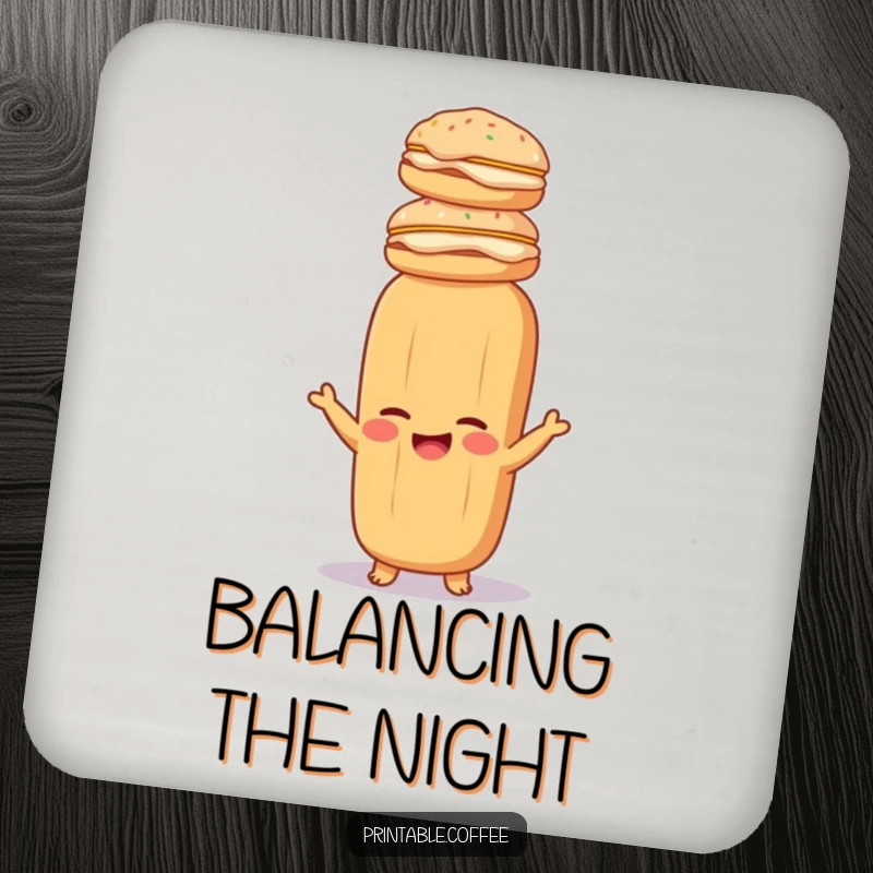 Funny baguette coaster featuring a giggling baguette balancing pastries, protecting surfaces with delightful bread humor.