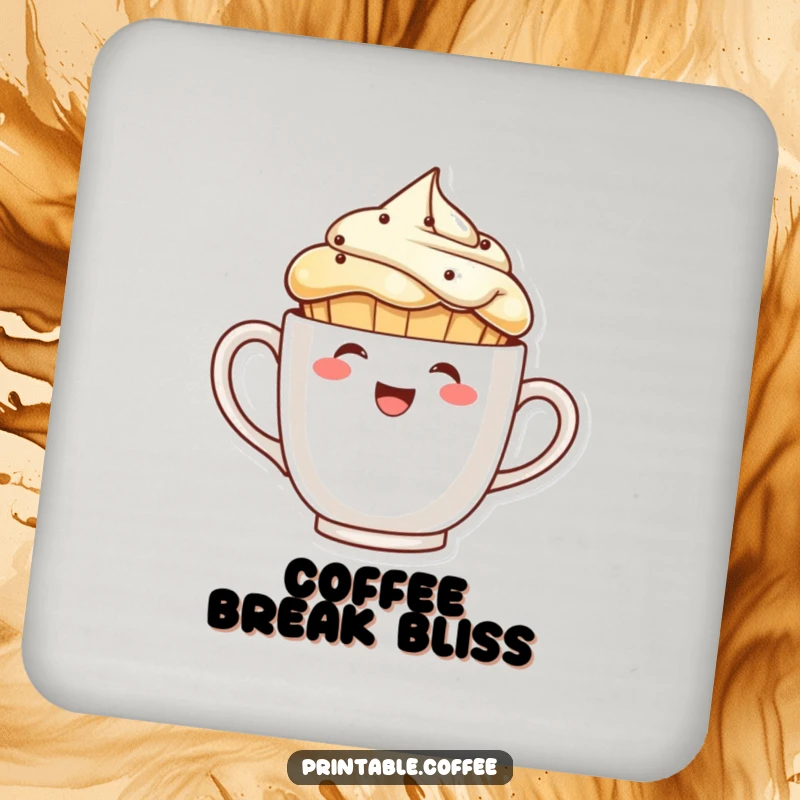 Funny laughing muffin character peeking from behind a giant coffee cup on coasters, for protecting tables with humor.