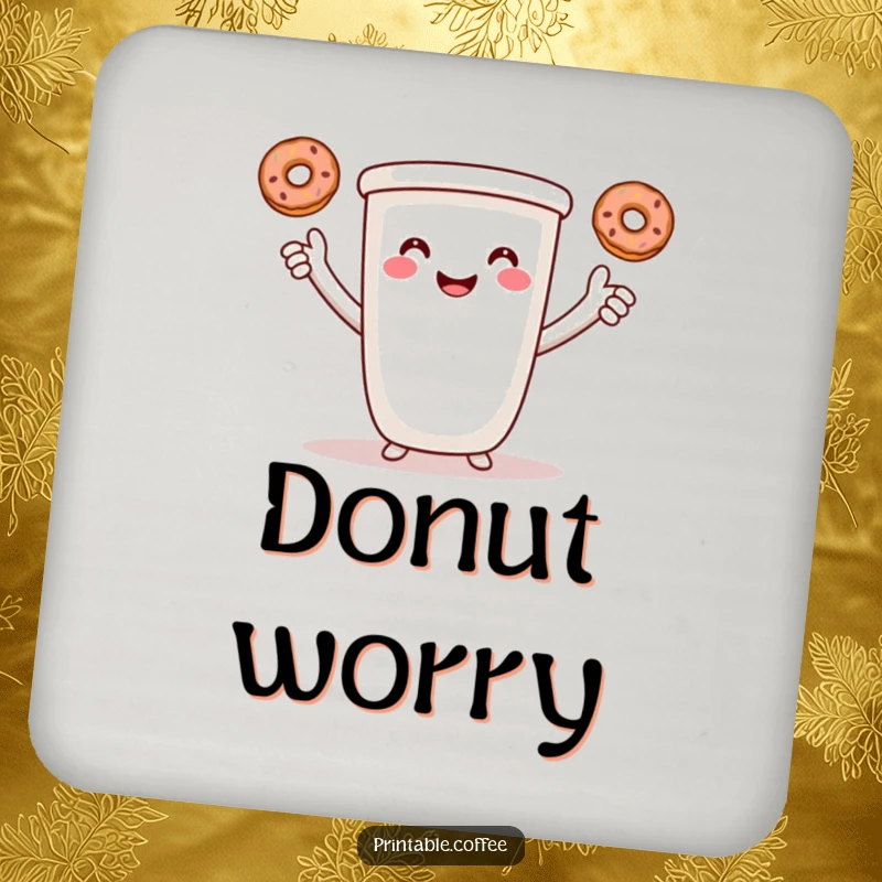 Funny coffee drink coaster featuring a smiling cartoon coffee cup with arms, juggling three tiny donuts.