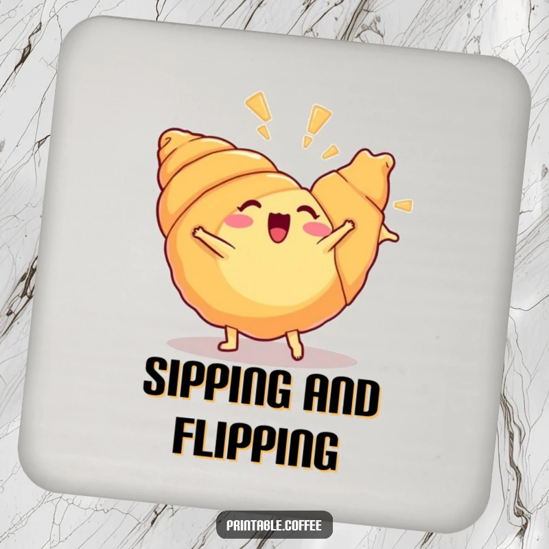 Funny croissant coaster featuring a croissant doing a cartwheel, protecting tables with humor and flair.