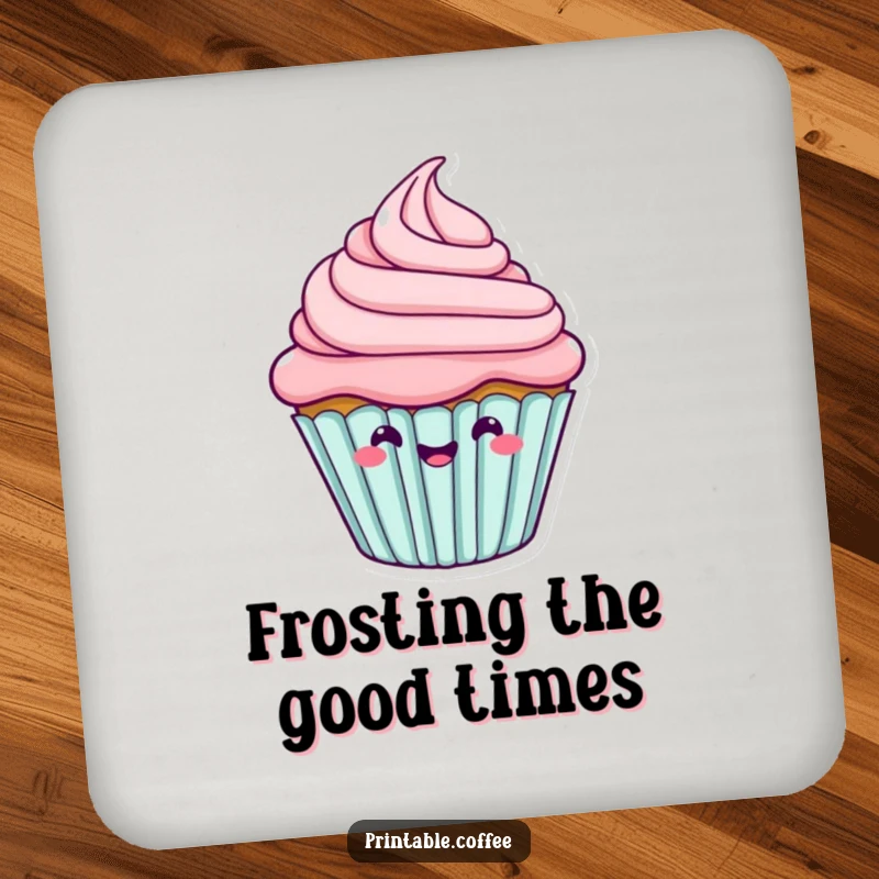 Funny cupcake character with happy, wiggling frosting, depicted on a protective drink coaster.