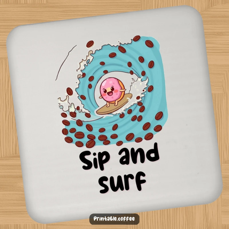 Funny donut coaster featuring a wobbly jelly donut surfing a coffee bean wave, protecting surfaces with sweet humor.