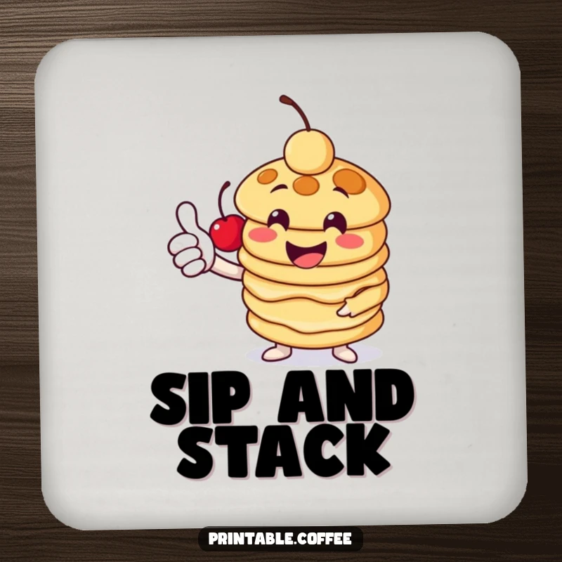 Funny pancake drink coaster with a cheerful stack character giving a thumbs-up and a cherry, offering protection with breakfast charm.
