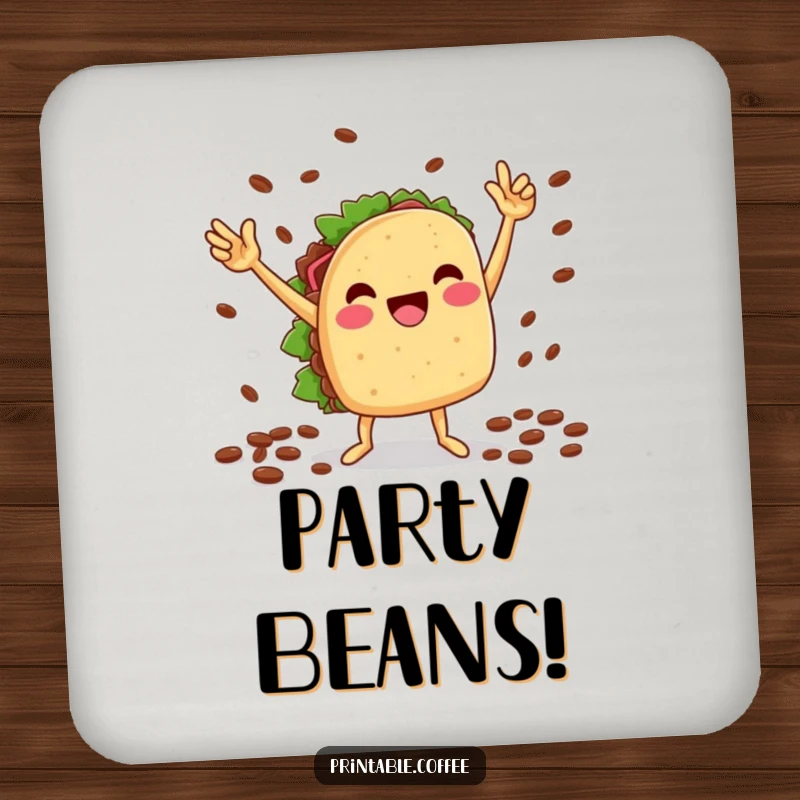 Funny coasters: A cheesy taco character dances with coffee beans, adding a lively fiesta vibe to drink protection.