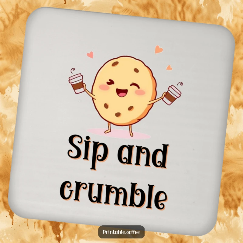 Funny winking cookie character happily juggling tiny coffee cups on coasters, for protecting tables with humor.