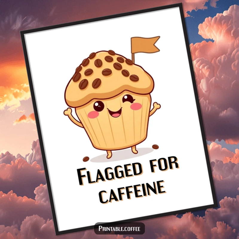Funny Poster: A happy muffin character proudly displays a miniature flag made of coffee beans, adding a whimsical touch to decor.