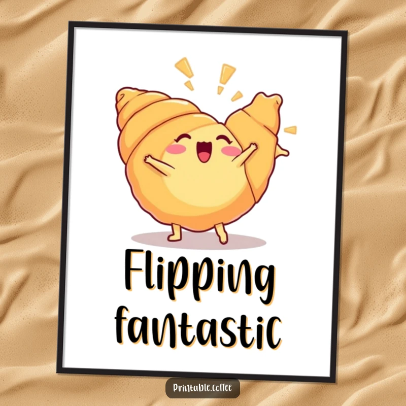 Funny croissant poster depicting a happy croissant mid-cartwheel, flakiness flying, adding vibrant, humorous art to walls.