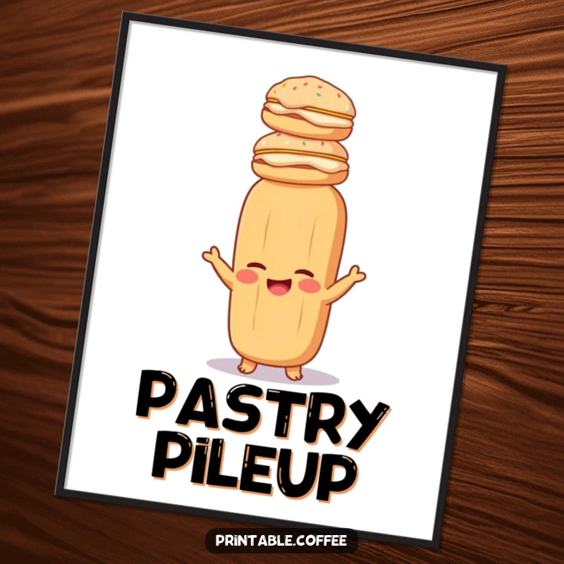 Funny baguette poster showing a giggling baguette with a precarious stack of pastries, adding humorous art to walls.