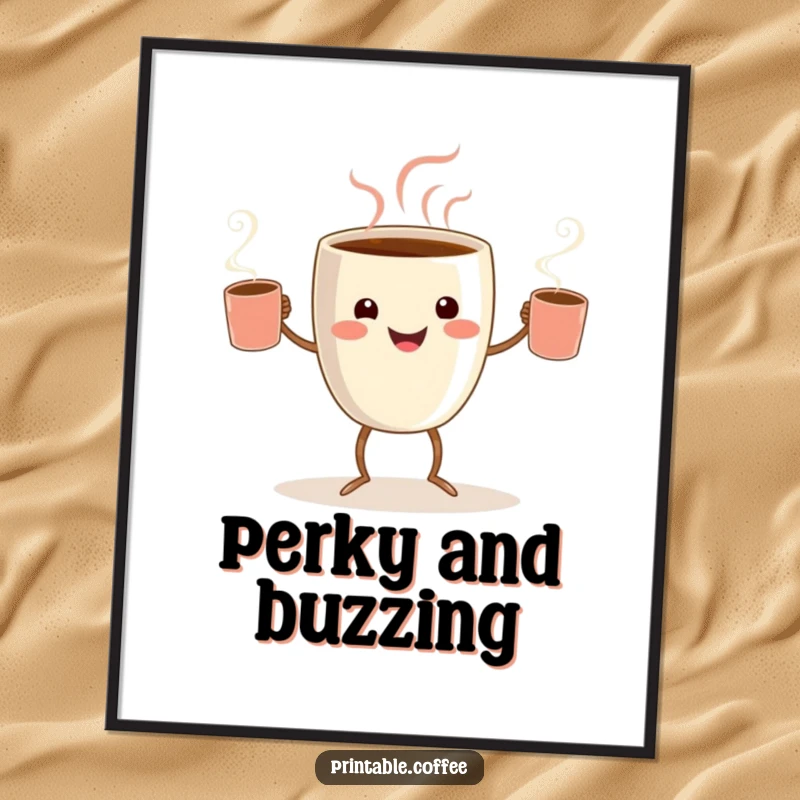 Funny coffee juggler poster of a smiling coffee cup character with tiny legs, joyfully juggling steaming mugs.