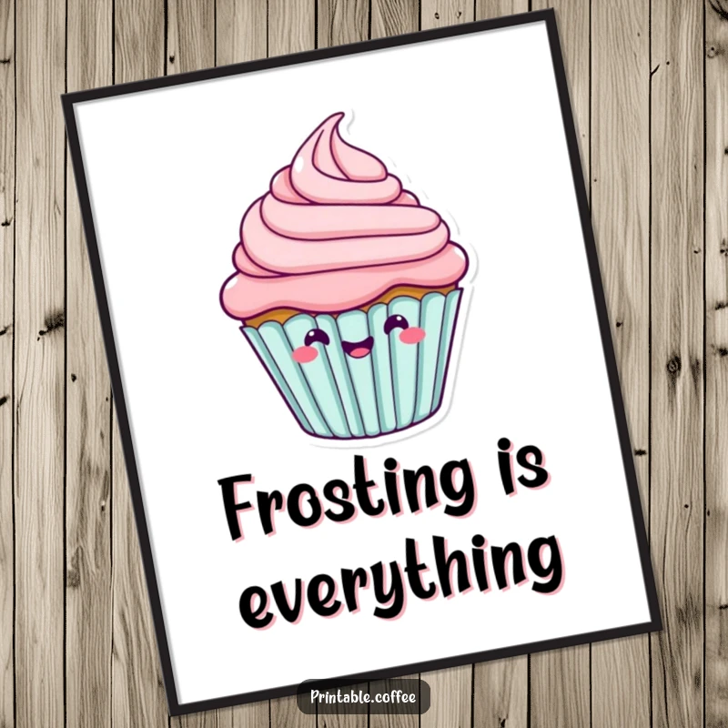 Funny cupcake character with its frosting joyfully wiggling, presented as a cheerful poster.