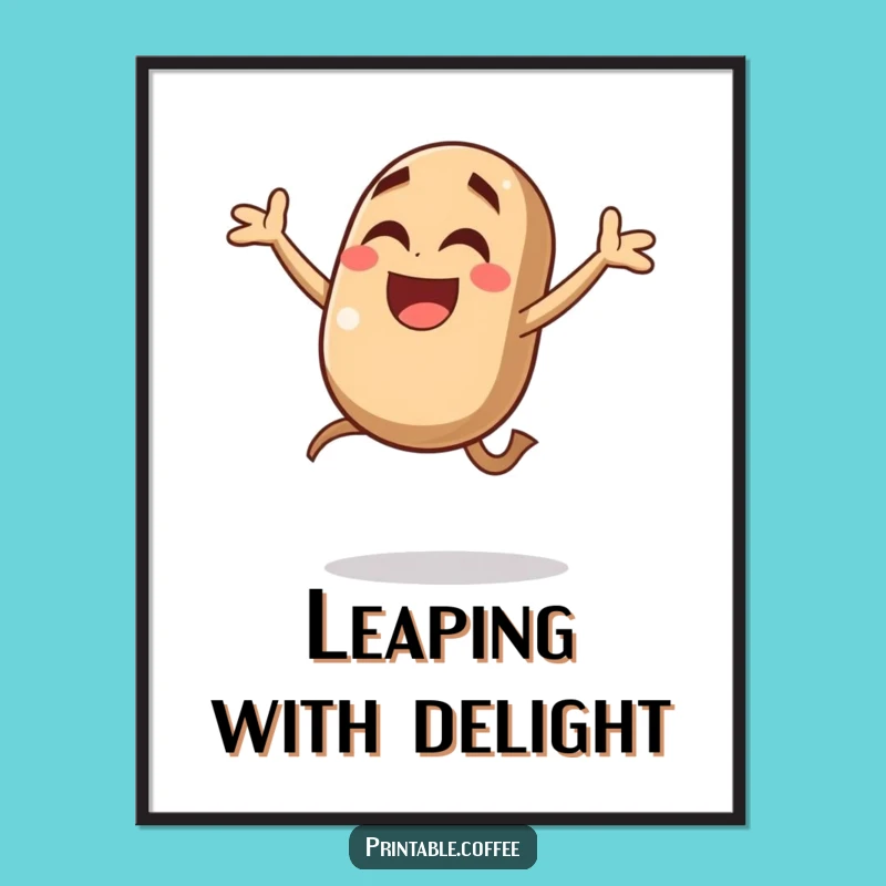 Funny Coffee Bean Jump Poster: Giggling Character Joyful Mid-Air Leap - Vibrant Wall Art & Hilarious Gift