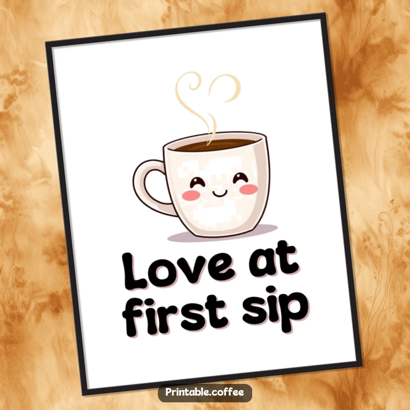 Funny smiling coffee mug character with steam forming a heart shape, presented as whimsical and humorous wall art.