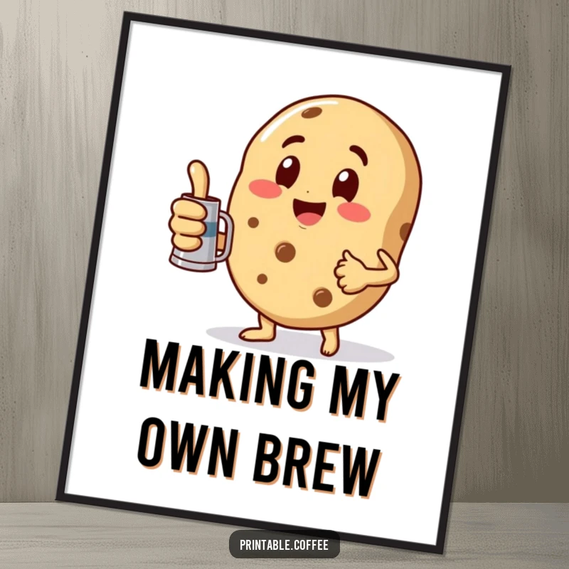 Funny Poster of a playful cookie character giving a thumbs up while holding a miniature coffee pot, radiating positivity.