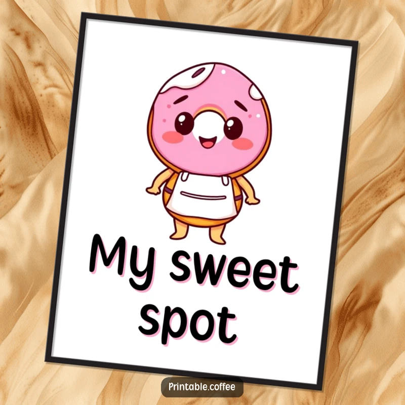 Funny art print of a happy donut character wearing a tiny barista apron, ready to serve smiles and sweet treats.