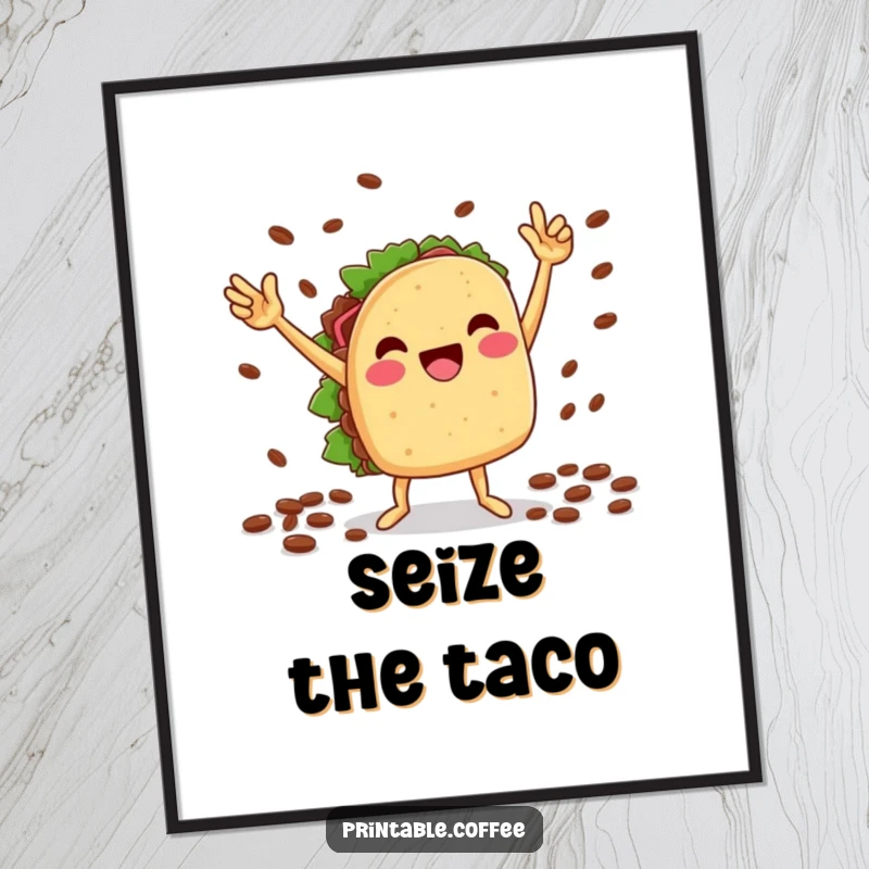 Funny poster: A cheesy taco character dances with gusto, holding coffee beans, bringing lively fiesta energy to any room.