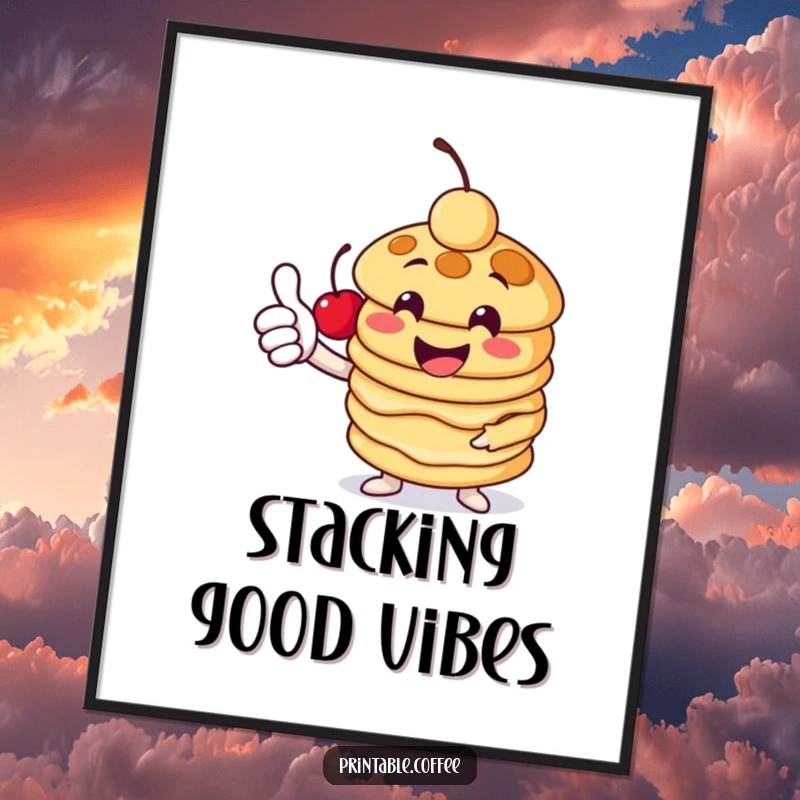 Funny pancake poster featuring a cheerful stack character giving a thumbs-up with a cherry, radiating deliciousness and breakfast cheer for wall art.