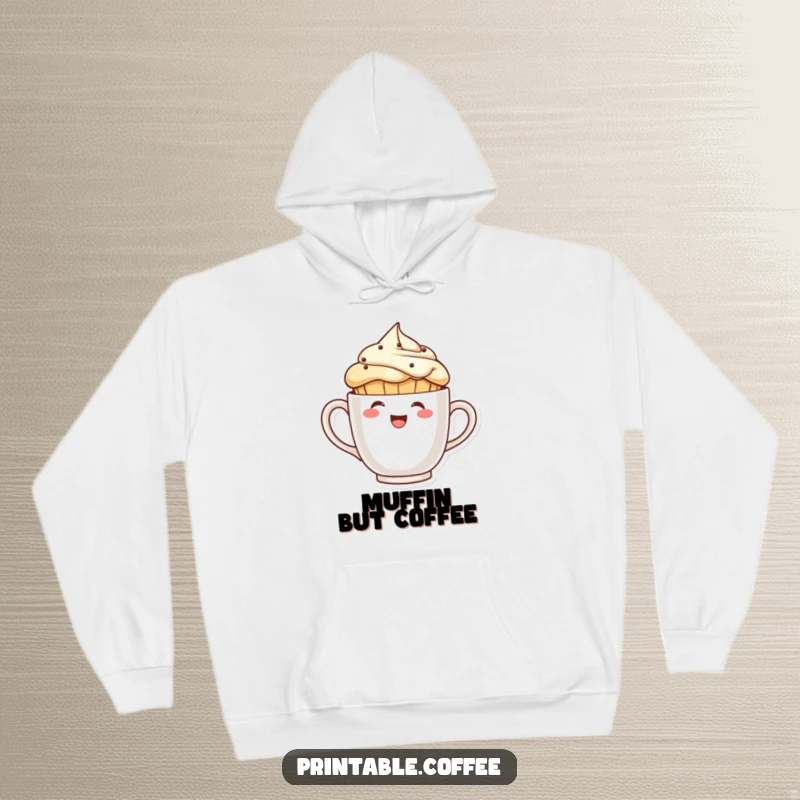 Funny laughing muffin character peeking from behind a giant coffee cup on a hoodie, for cozy coffee breaks.