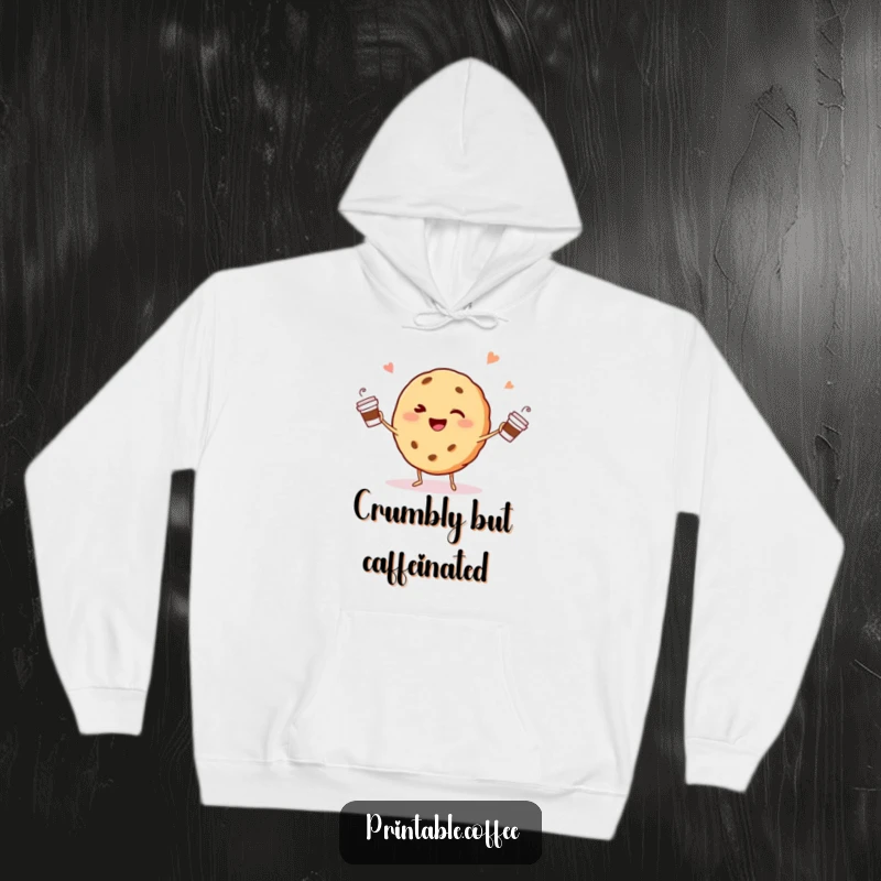 Funny winking cookie character happily juggling tiny coffee cups on a hoodie, for cozy coffee breaks.