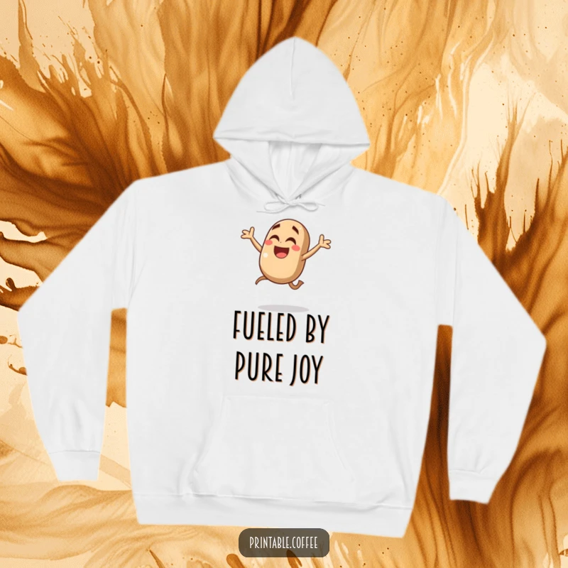 Funny coffee bean hoodie featuring a giggling character mid-leap with pure joy, embodying energetic comfort and caffeinated cheer.
