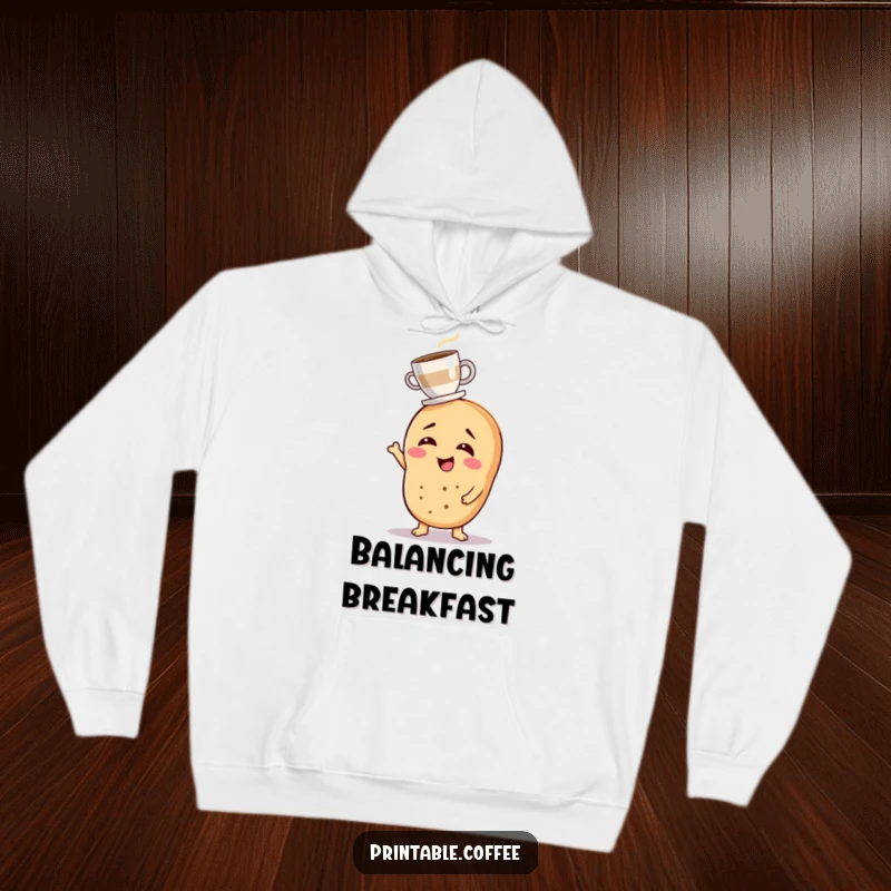 Funny hoodie with a giggling bagel character balancing a tiny coffee cup, ideal for cozy coffee breaks.