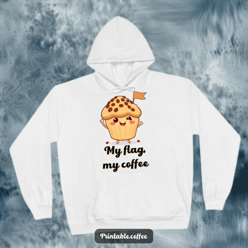 Funny Hoodie: A smiling muffin character holds up a small flag made entirely of coffee beans, a cozy and cheerful design.