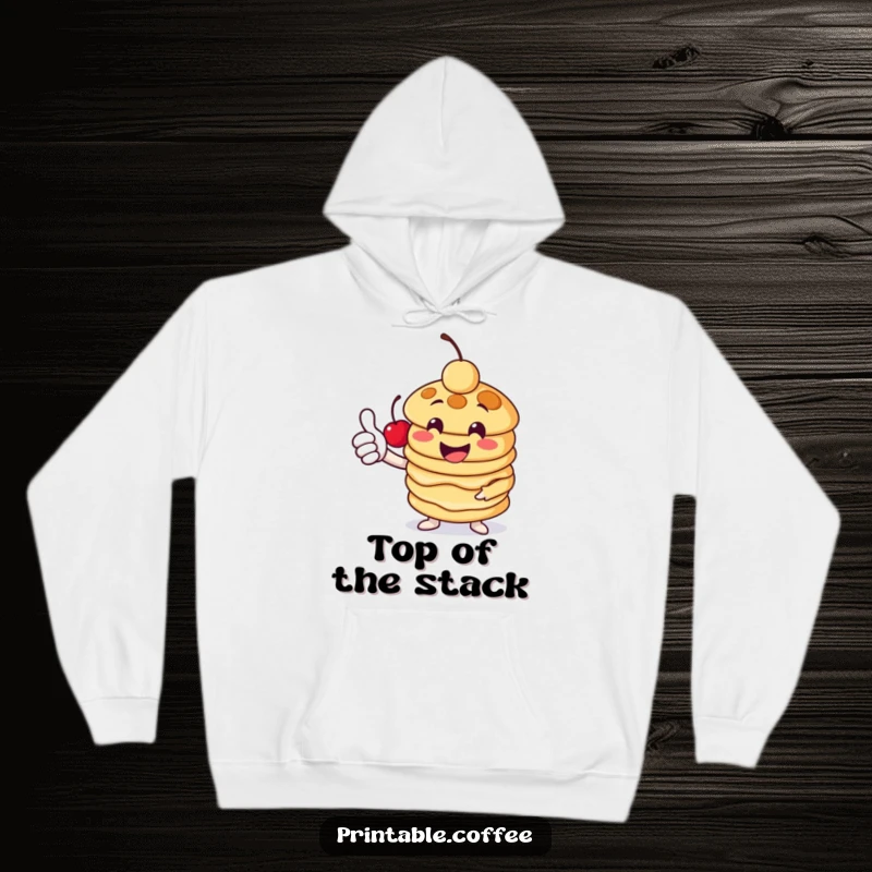 Funny pancake hoodie with a cheerful stack character giving a thumbs-up, complete with a cherry, offering warm, delicious comfort.