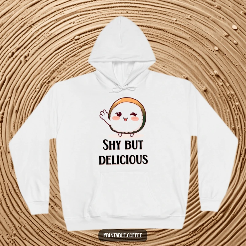 Funny hoodie showing a blushing piece of sushi character doing a shy wave, perfect for cozy, gentle vibes.