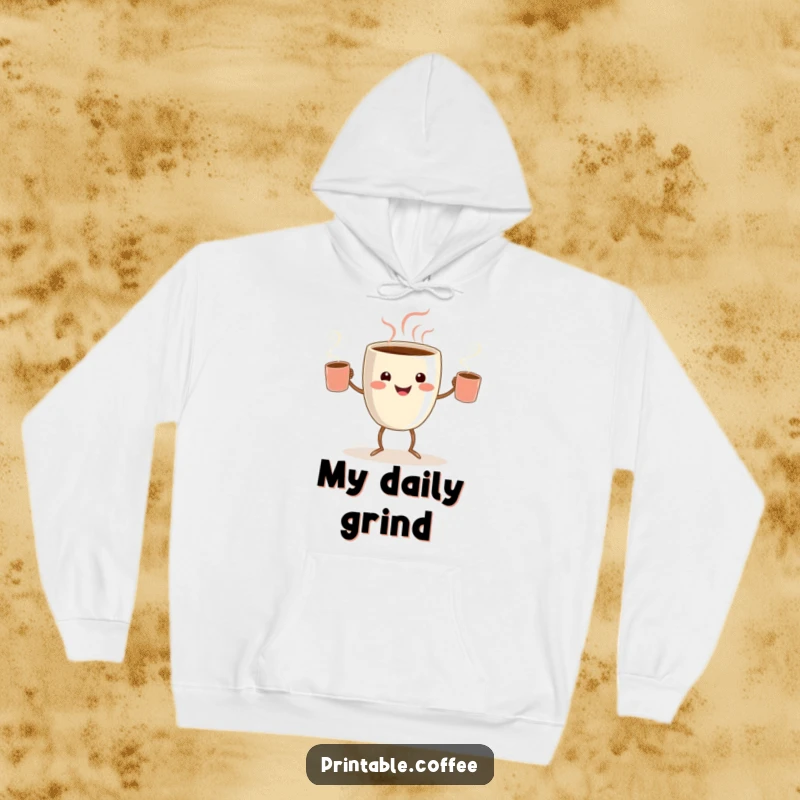 Funny coffee juggler hoodie showing a smiling coffee cup character with tiny legs, expertly juggling steaming mugs.