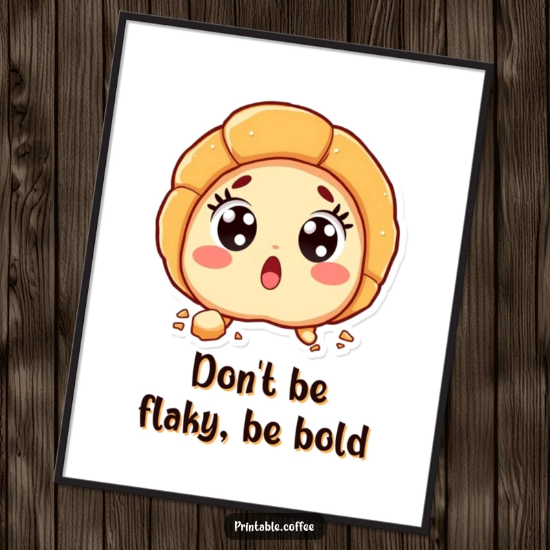 Funny free printable wall art of a croissant character with wide, surprised eyes and a shower of flaky crumbs.