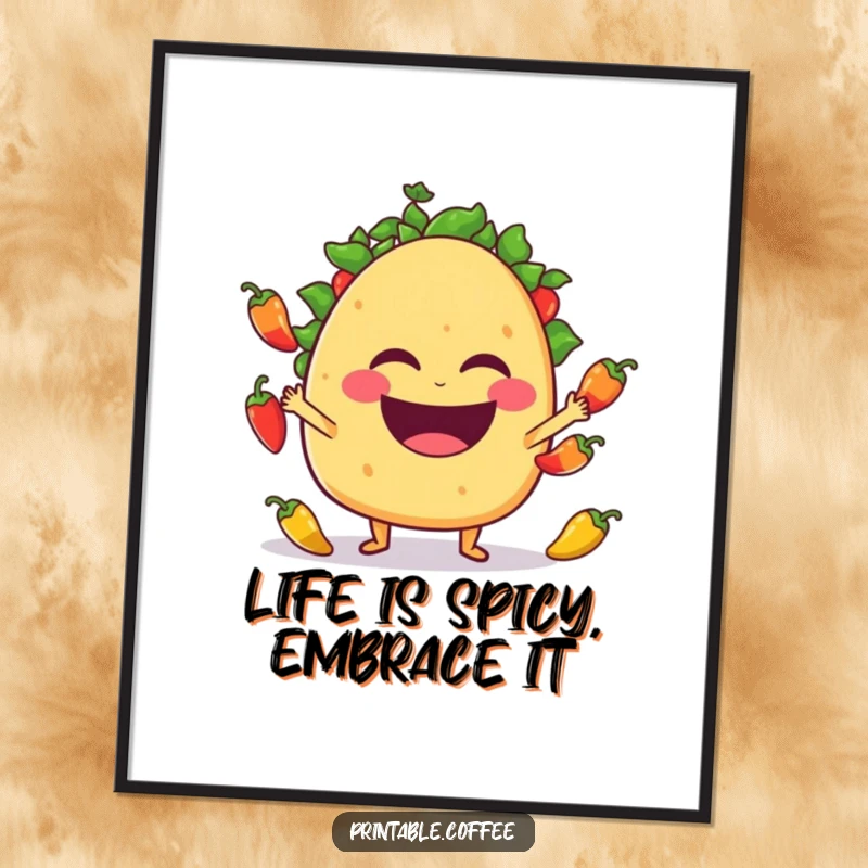 Funny free printable wall art depicting a laughing taco character masterfully juggling small jalapeño peppers.