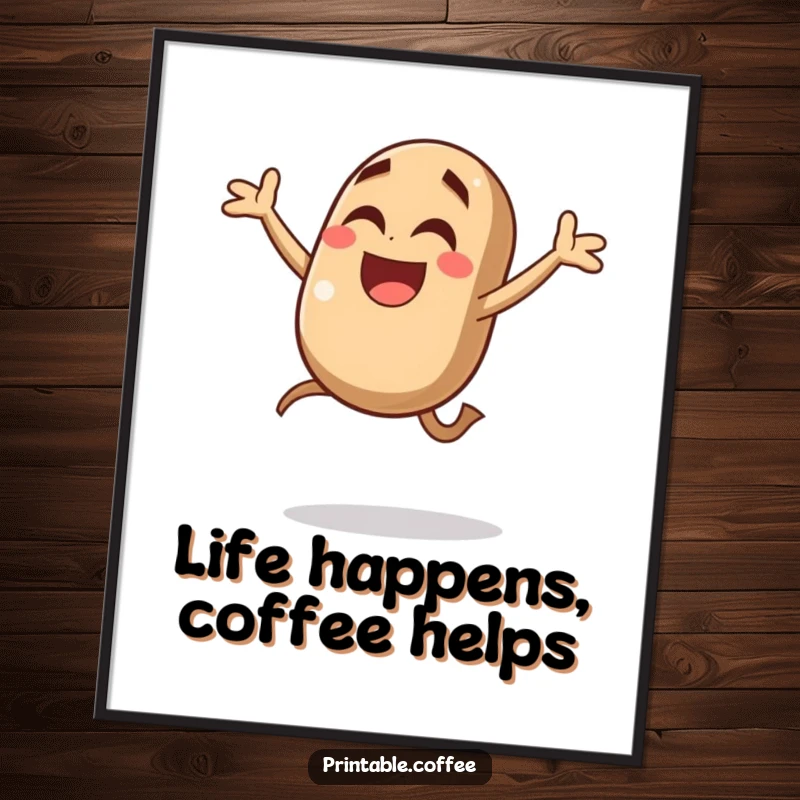 Funny Free Printable Wall Art: A giggling coffee bean character leaping with joy mid-air, bringing an energetic and fun atmosphere.