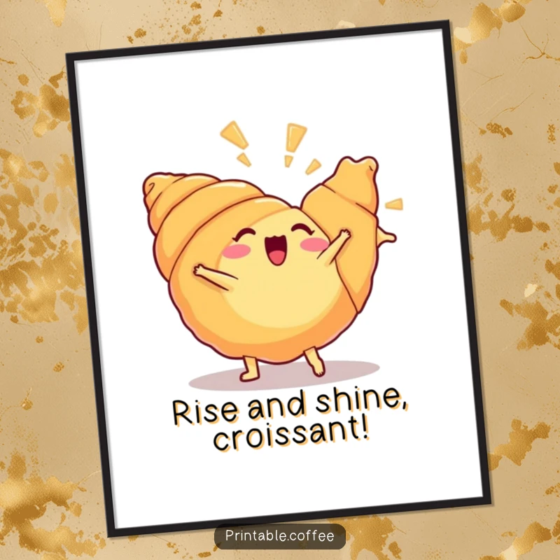 Funny Free Printable Wall Art: Croissant character mid-cartwheel, flaky layers flying, bringing energetic humor to any room.