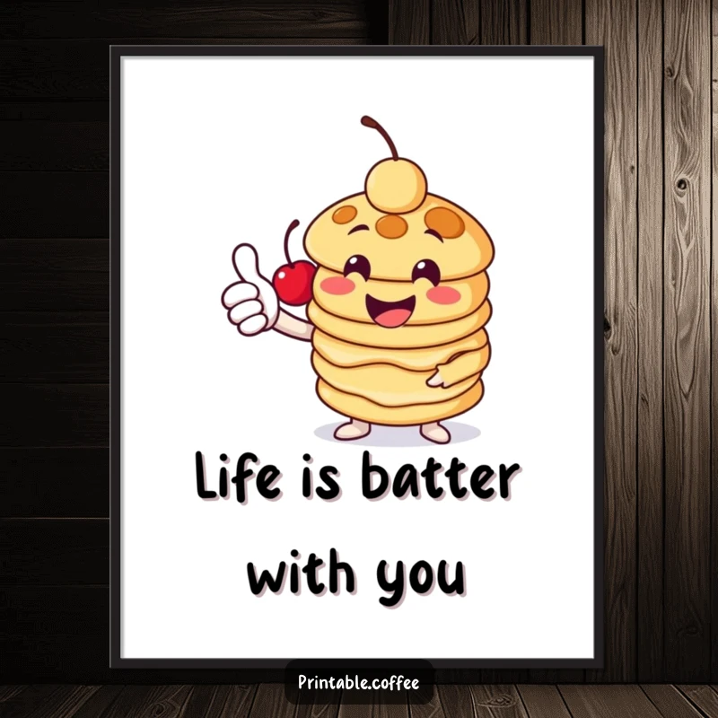 Funny Free Printable Wall Art: A cheerful pancake stack character giving a thumbs-up with a cherry, spreading positive vibes.