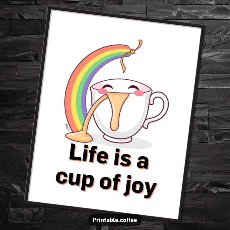 Funny Free Printable Wall Art: A smiling teacup pouring a brilliant rainbow, bringing joy and humor to any room, downloadable.