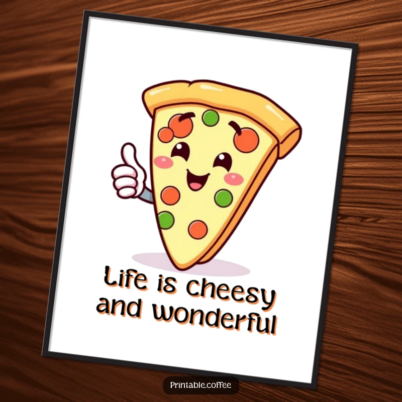 Funny Free Printable Wall Art: Gleeful pizza slice character giving a thumbs up, a fun and downloadable foodie decor piece.