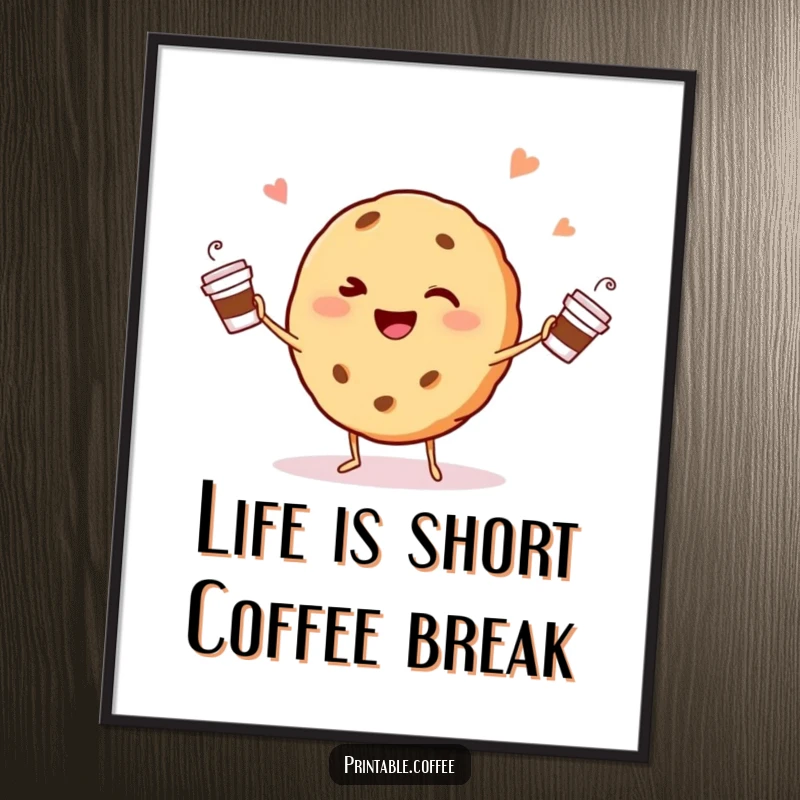 Free Printable Wall Art: A happy cookie character winks while juggling tiny coffee cups.
