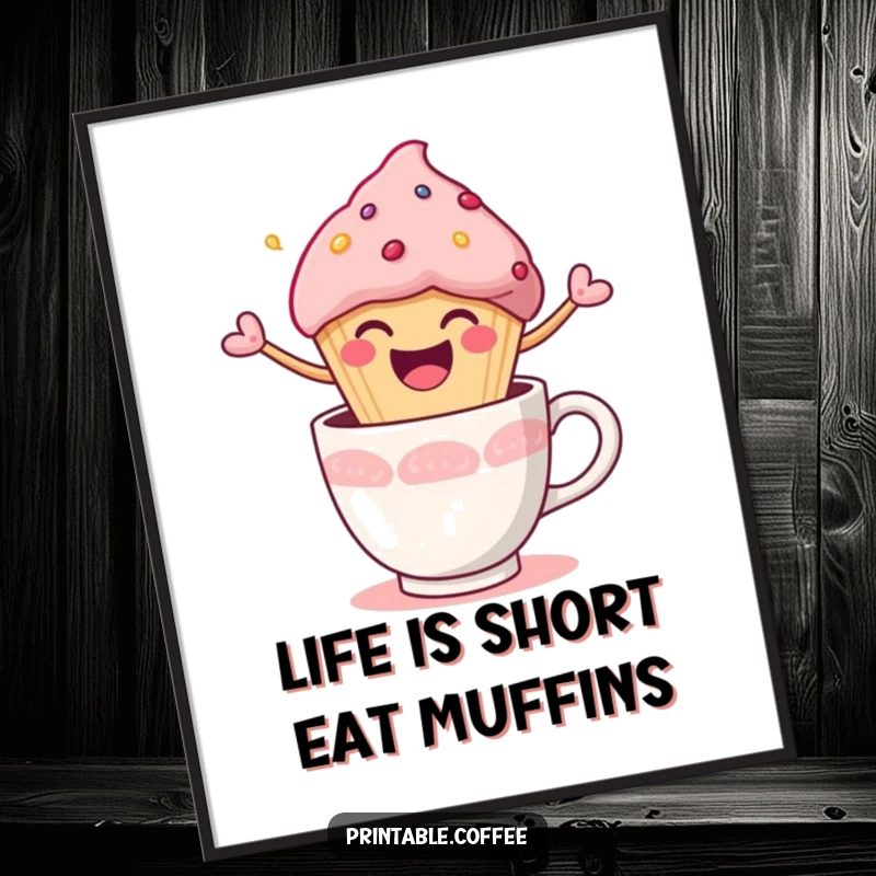 Funny Free Printable Wall Art: Happy muffin character joyfully bursting out of a coffee cup, creating a fun scene. Downloadable.