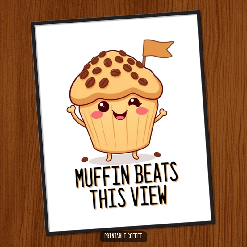 Funny free printable wall art of a happy muffin character cheerfully waving a tiny flag made of coffee beans, spreading morning joy.