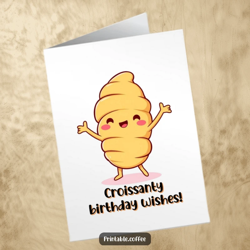 Funny Free Printable Birthday Card: A jolly croissant character with tiny arms dancing happily, celebrating a special day.