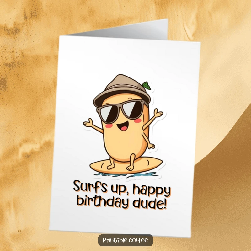 Funny Free Printable Birthday Card: A coffee bean character wearing sunglasses and surfing a wave with style.