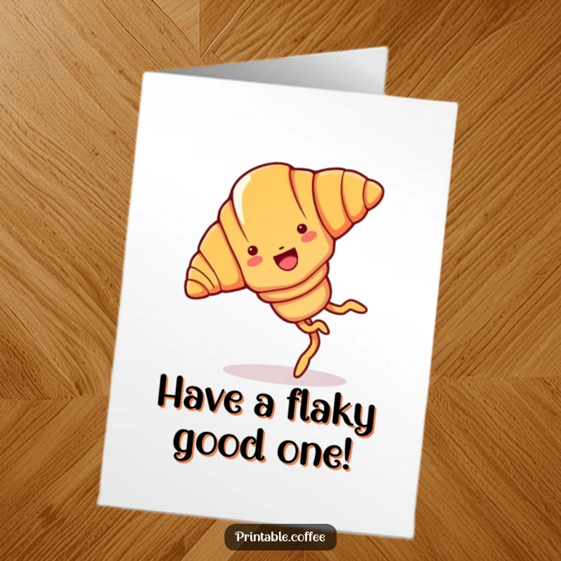 Funny Free Printable birthday card: Joyful croissant with legs doing a cartwheel, celebrating exuberantly.