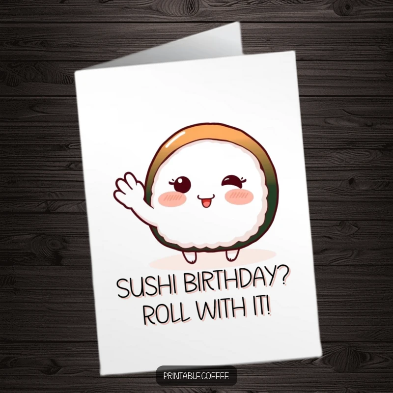 Funny Free Printable Birthday Card: Blushing sushi character shyly waving, offering a cute and funny birthday wish.