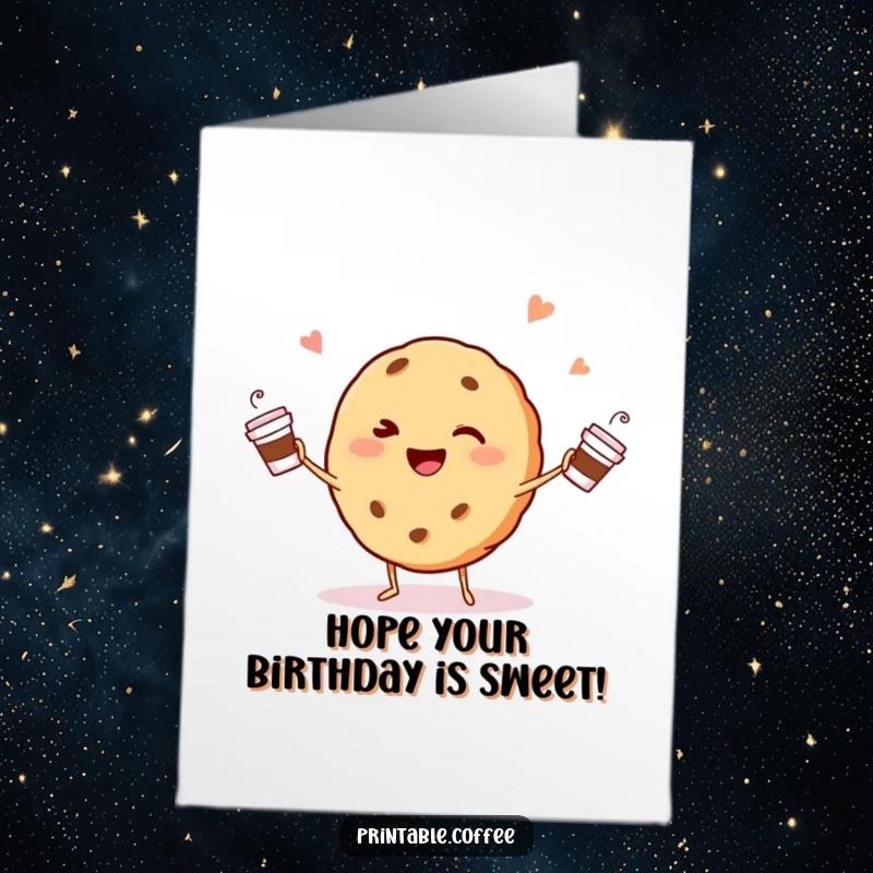 Free Printable Birthday Card: A winking cookie character happily juggles tiny coffee cups.