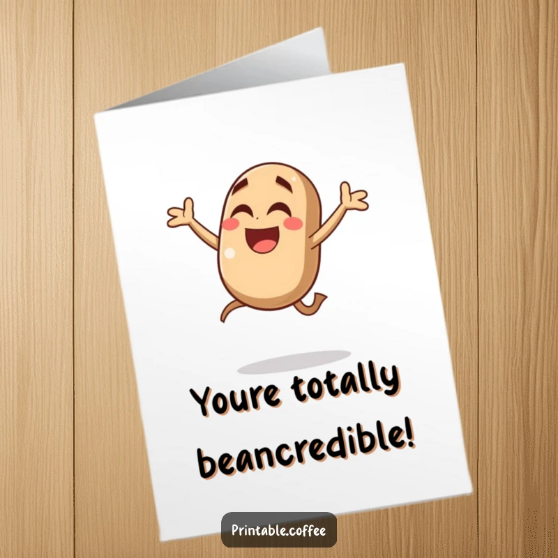 Funny Free Printable Congratulations Card: A giggling coffee bean character mid-jump, celebrating success with pure exhilaration.