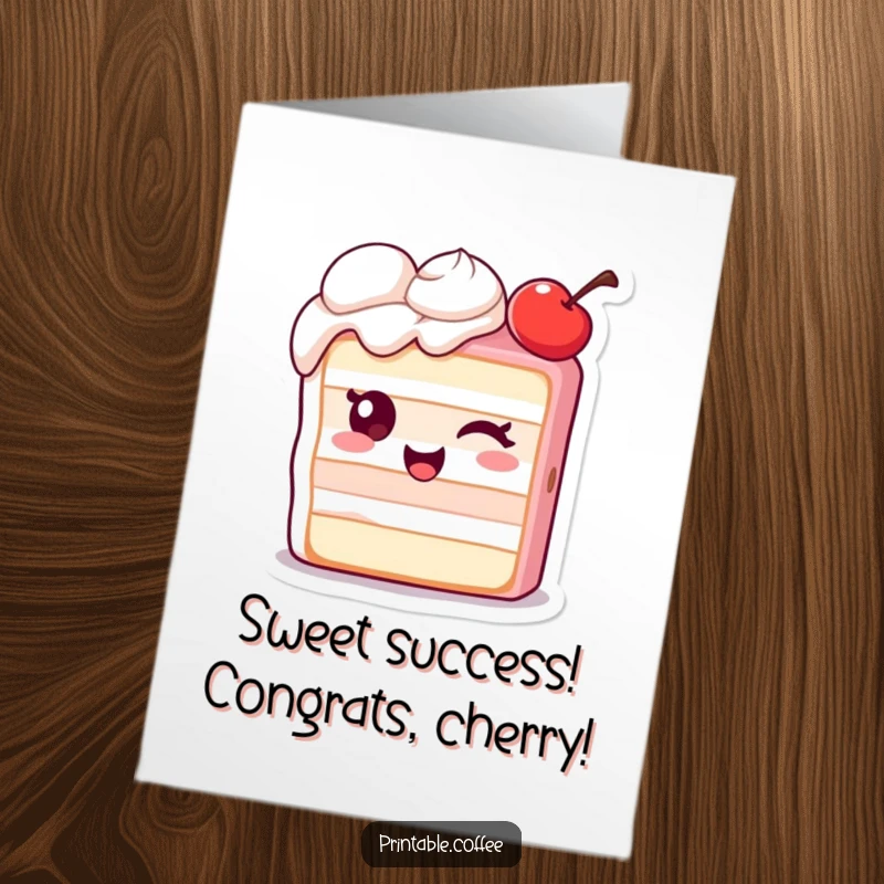 Funny Free Printable Congrats Card: Winking cake character with an extra cherry, celebrating success with a playful wink.