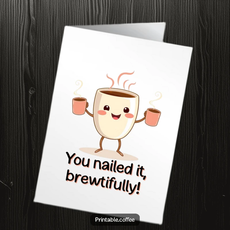 Funny Free Printable Congratulations Card: Smiling coffee cup character juggling mugs, symbolizing a successful and energetic achievement.