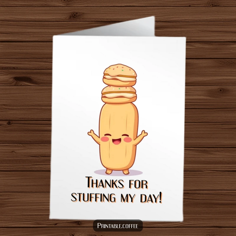 Funny Free Printable Thank You Card: Giggling baguette juggling cream pastries on its head, expressing thanks with a smile.