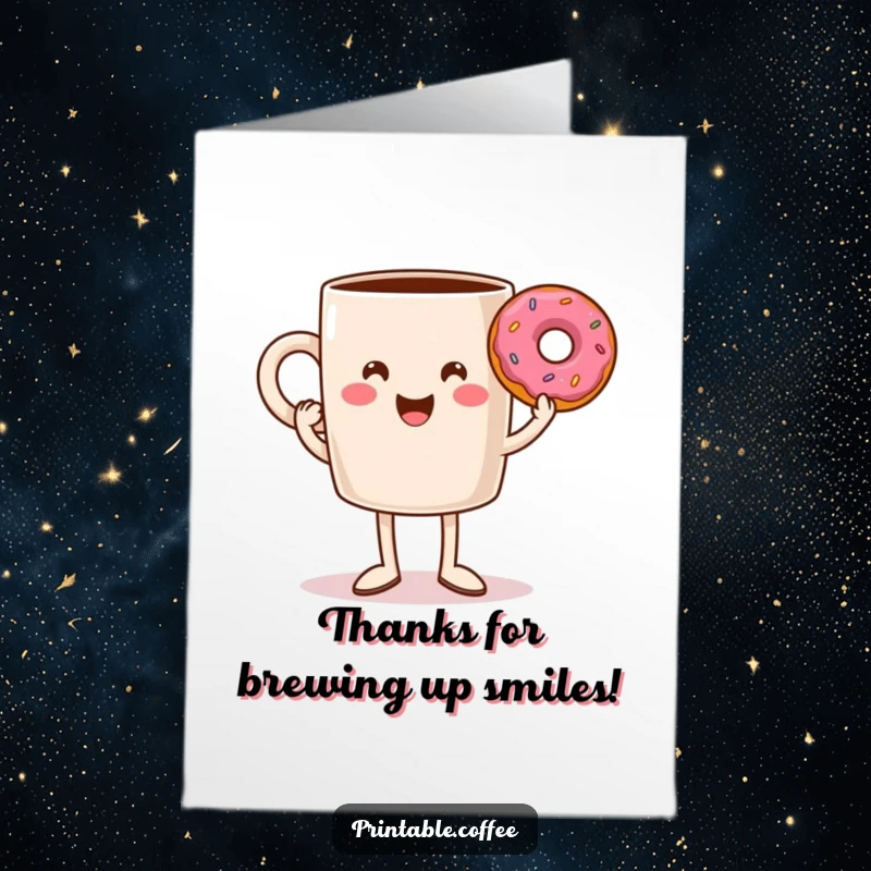 Funny Free Printable Thank You Card featuring a smiling coffee mug with legs triumphantly holding a donut, offering thanks with a cheerful, victorious pose.