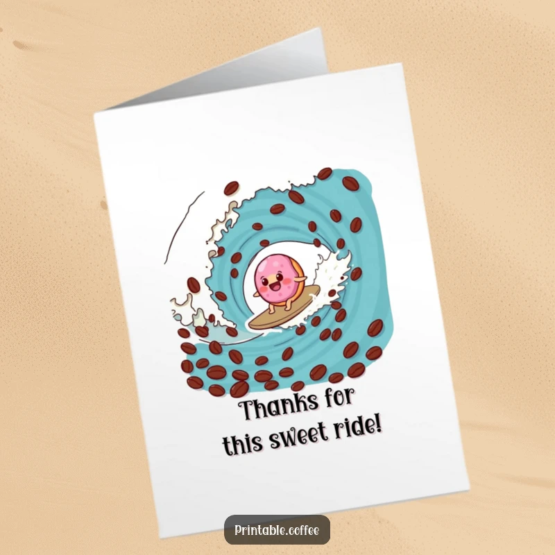 Funny Free Printable Thank You Card: Jelly donut character riding a giant coffee bean wave with a happy expression, a unique thanks.