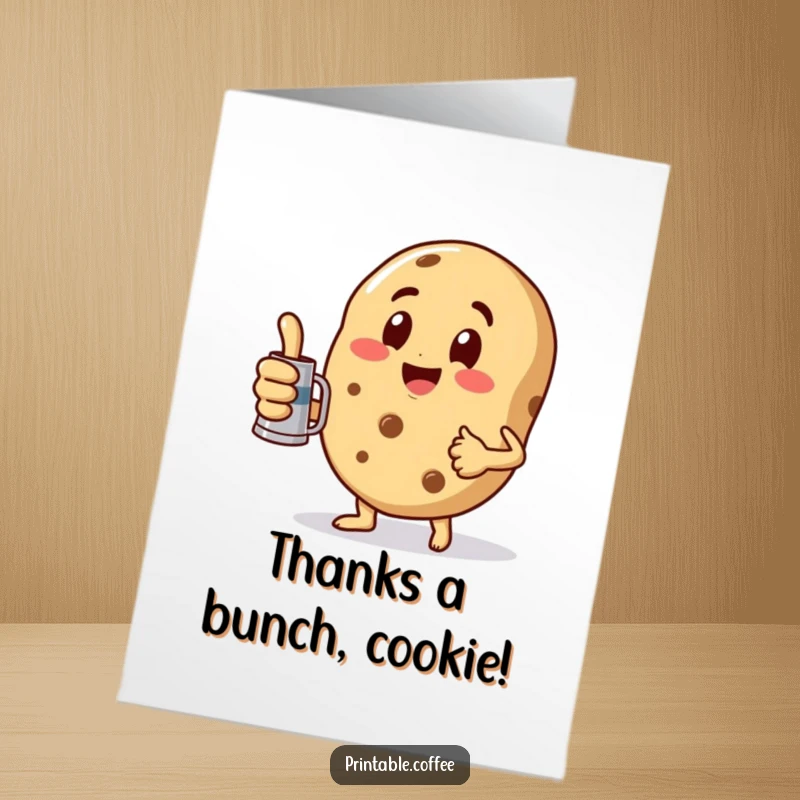 Funny Free Printable Thank You Card: Playful cookie character giving a thumbs up, holding a mini coffee pot. Downloadable.